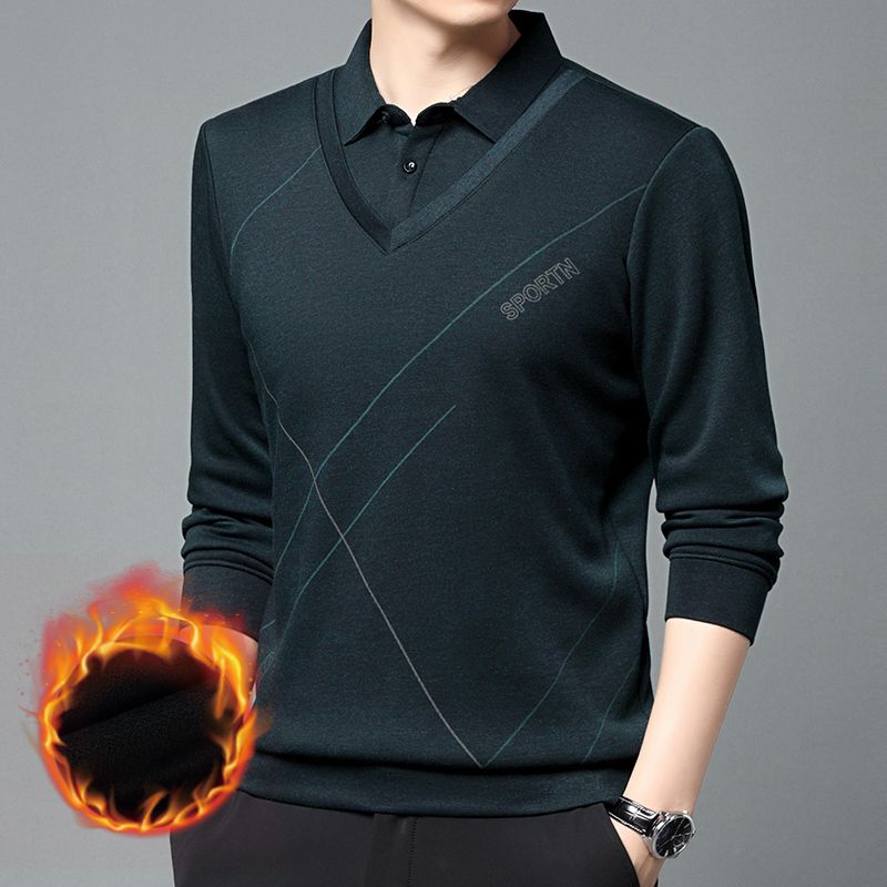 Men's Winter Fleece Warm Fake Two-piece Collar Casual No-Iron Basement Shirt