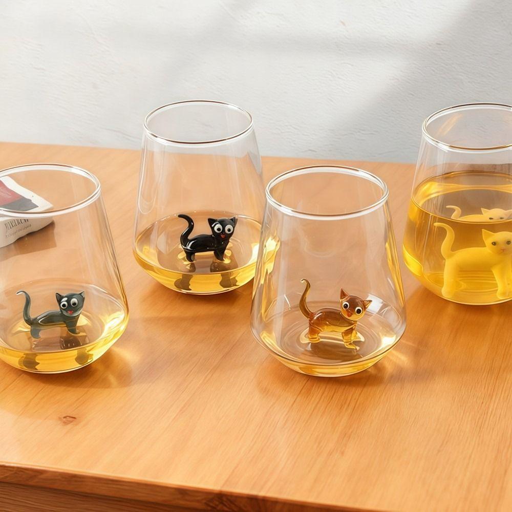 Taza de Vidrio con Figura de Gato sin Tallo Taza de Café Hecha a Mano Taza de Vino de Gato Linda Para Leche Cerveza