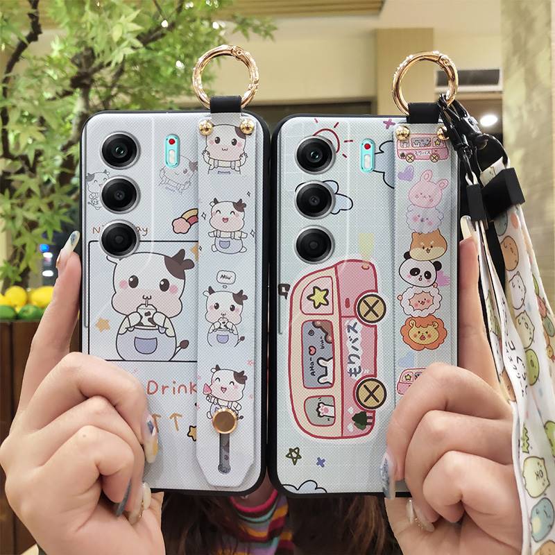 Ring Shockproof Phone Case For Tecno Camon40 4G/CM5 Silicone Back Cover Wrist Strap Lanyard Cartoon Anti-dust Kickstand