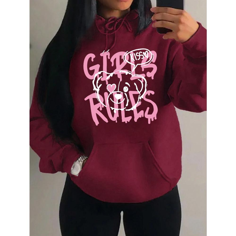 Girls Rules Pink Kiss Cartoon Love Bear Design Women Hoodies Autumn Y2K Hoody Casual Sportswear Fleece Clothes