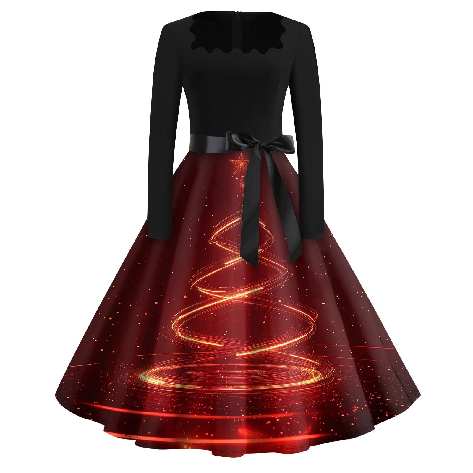 

Рождественский принт расклешенное платье для женщин платье с длинным рукавом ажурное вечернее повседневное платье с квадратным воротником S красный