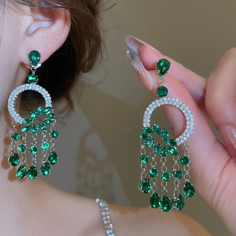 Emerald diamond leaf fringed earrings light luxury stud earrings women's European and American earrings