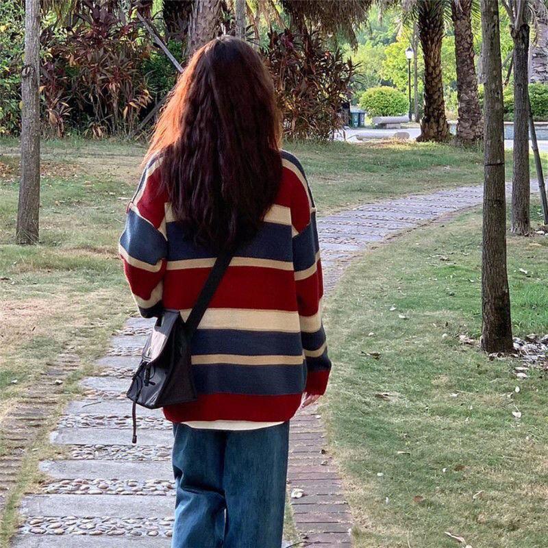 Lazy Style Sweater with Loose and High-end Knitted Stripes Women's College Style Versatile Striped Long Sleeved Top Trendy