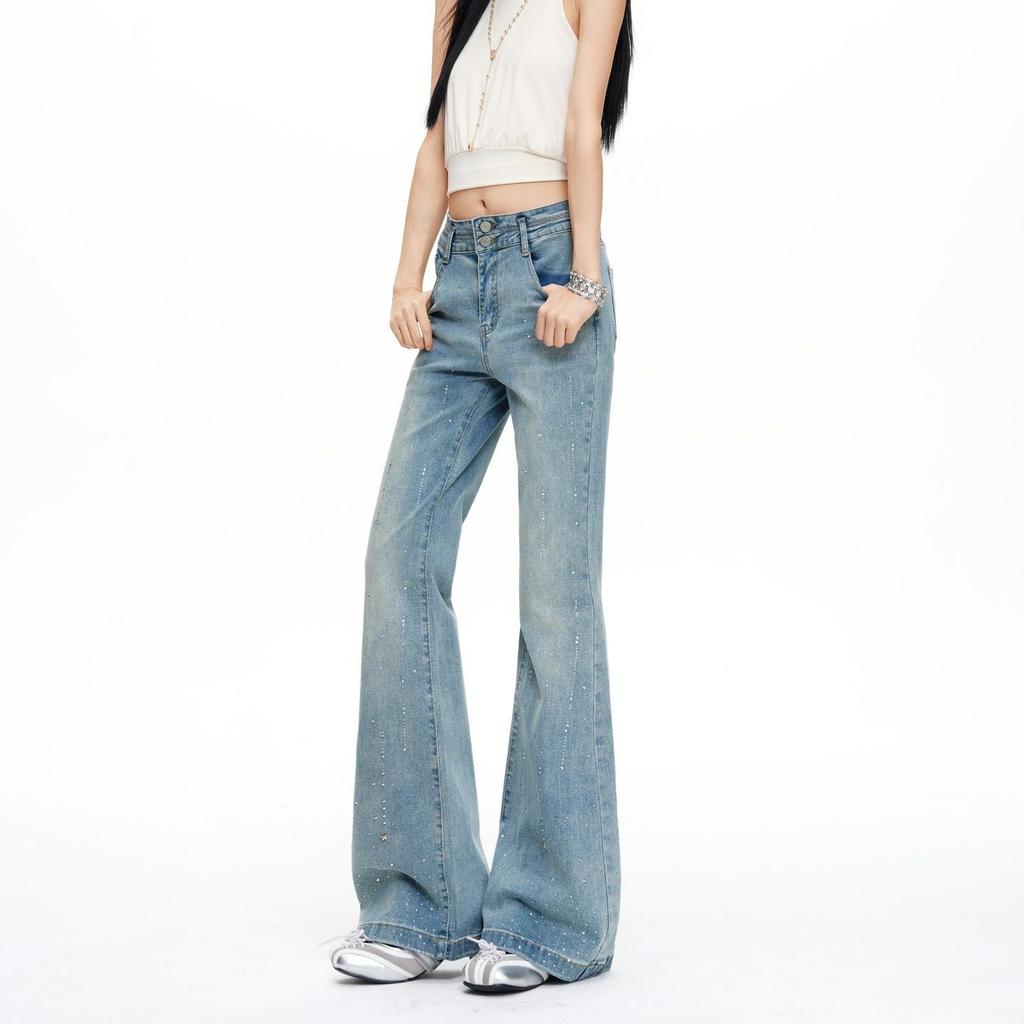 Spring Summer Light Blue Double Button High Waist Full Star Rhinestone Stretch Trendy Denim Pants Women Casual Pants Oversize Denim Trousers