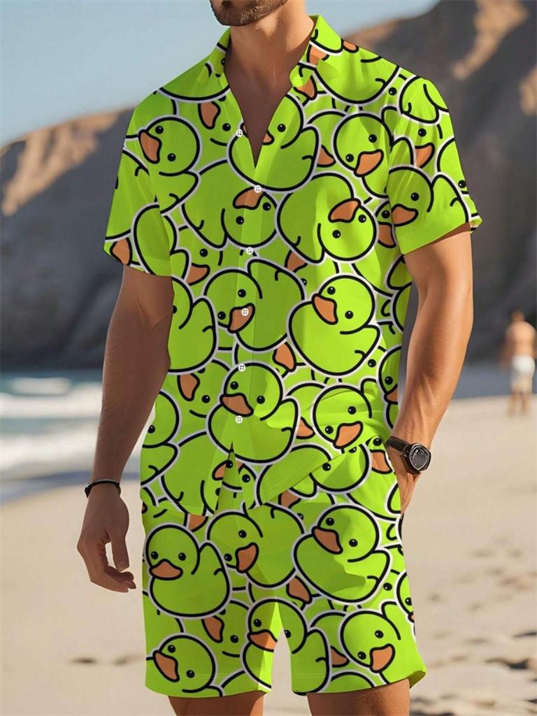 Men's Shirt Set Summer Striped Printed Short Sleeve Shirt Drawstring Shorts Casual Hawaiian Style Men's 2 Piece Home Large Size