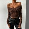 2024 Europäischer & Amerikanischer Herbst/Winter Damen Sexy Tiefer V Langarm Plissiertes Schulterfreies Oberteil