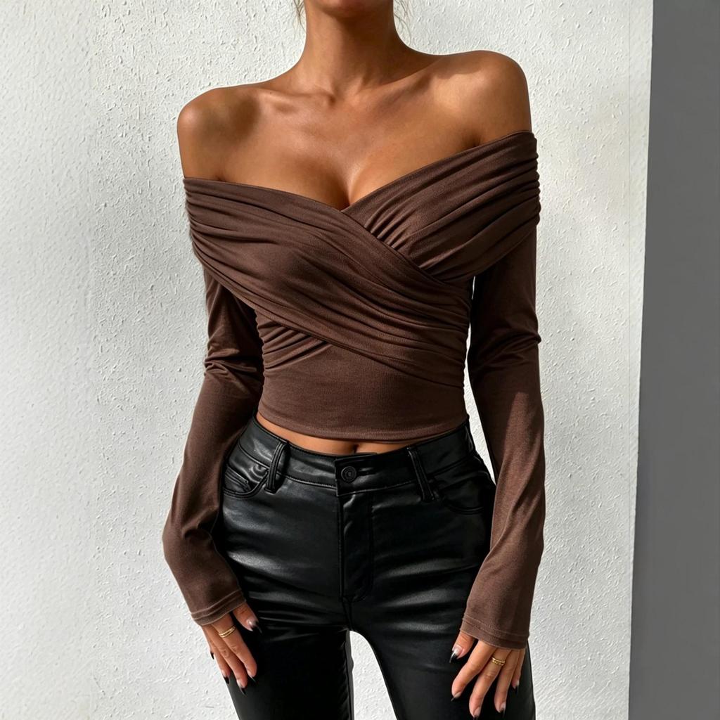 2024 Europäischer & Amerikanischer Herbst/Winter Damen Sexy Tiefer V Langarm Plissiertes Schulterfreies Oberteil