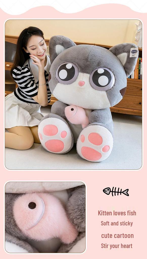 Big Eyes Cute Cat Plush Pillow - Large Soft Toy for Bedtime or Birthday Gift
