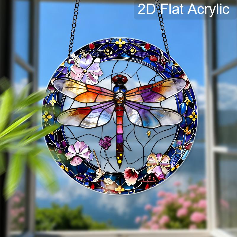 Acrylic Dragonfly & Flower Suncatcher Stained Glass Effect Window Hanging Ornament Insect Themed Gift for Home