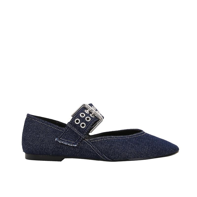 Ballerines Plates en Denim Bleu Mode pour Femmes, Ballerines Plates à Sangle à Boucle Métallique, Chaussures Plates Légères et Respirantes de Type Mary Jane, Chaussures de Créateur
