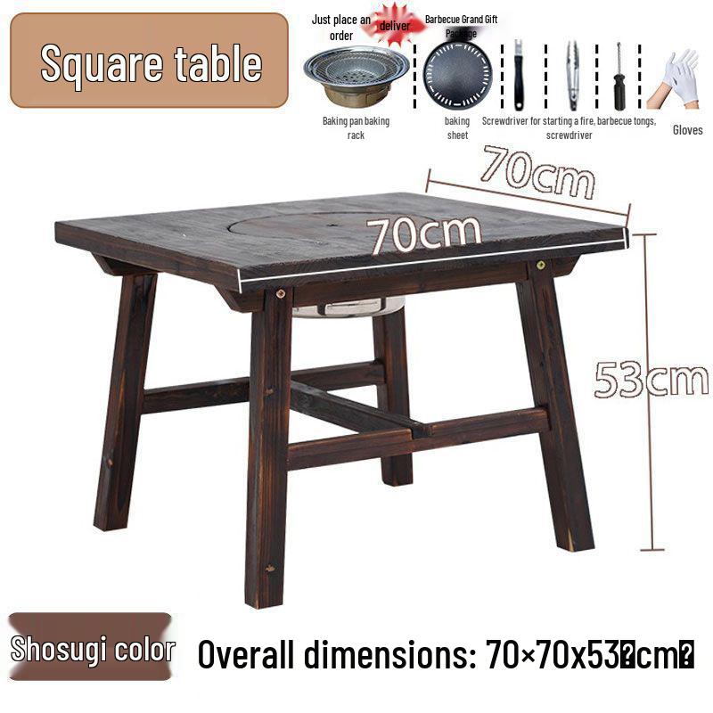Outdoor Anti-corrosion Fire Pit Tea Table with Solid Wood and BBQ Function, Includes Indoor/Outdoor Chairs for Home Use