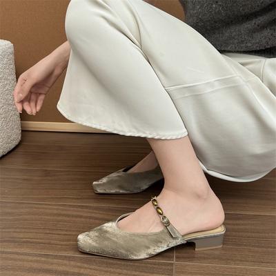 Sheepskin~ Version of the New Summer Heelless Square Head Shoes Bag Head Cool Slippers Women's Summer Wear Thick Heel Half Slippers