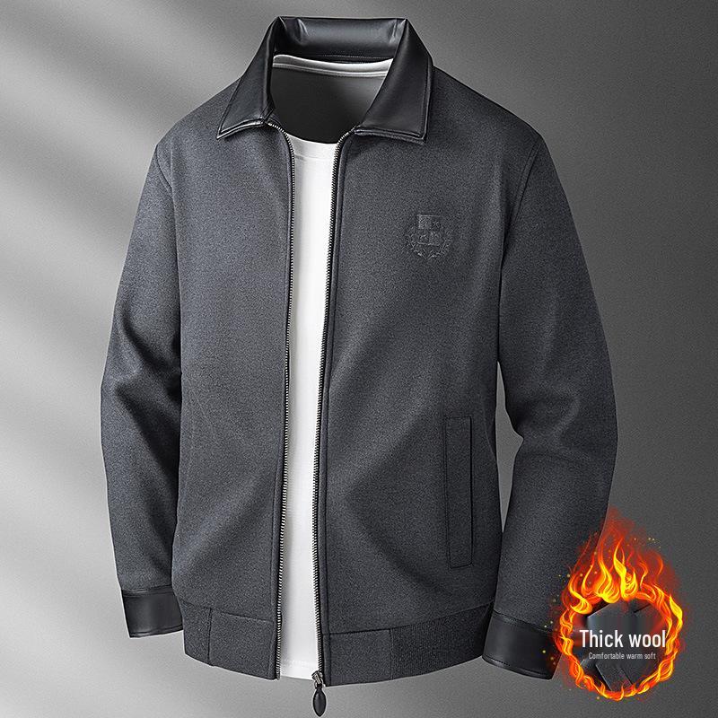 

Luxury Men s Woolen Coat: Old Money Style, Leather Patchwork, Lapel Cardigan, Slightly Loose, Thickened for Winter Warmth, Long Sleeve M сірий колір