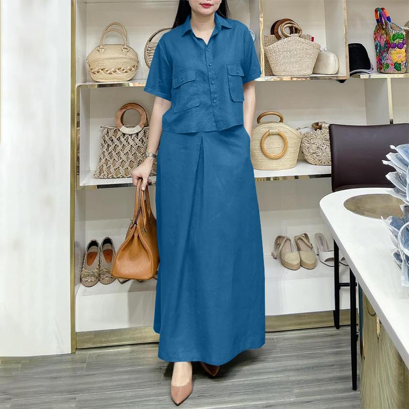 

ZANZEA Женская блузка с коротким рукавом и длинные юбки, повседневные комплекты из двух частей