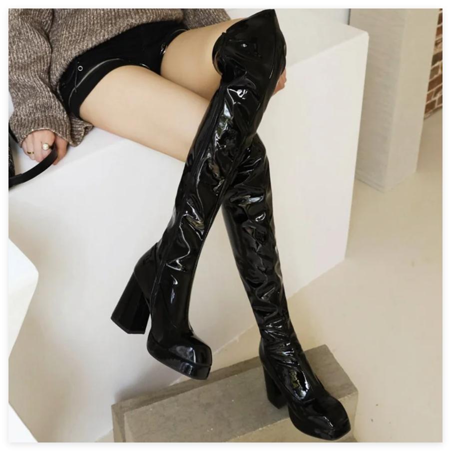 Sexy Thigh High Boots For Women Sexy Patent Fetish Party Shoes Lady Heels Over the Knee Boots Red Black Red Winter Long Shoe