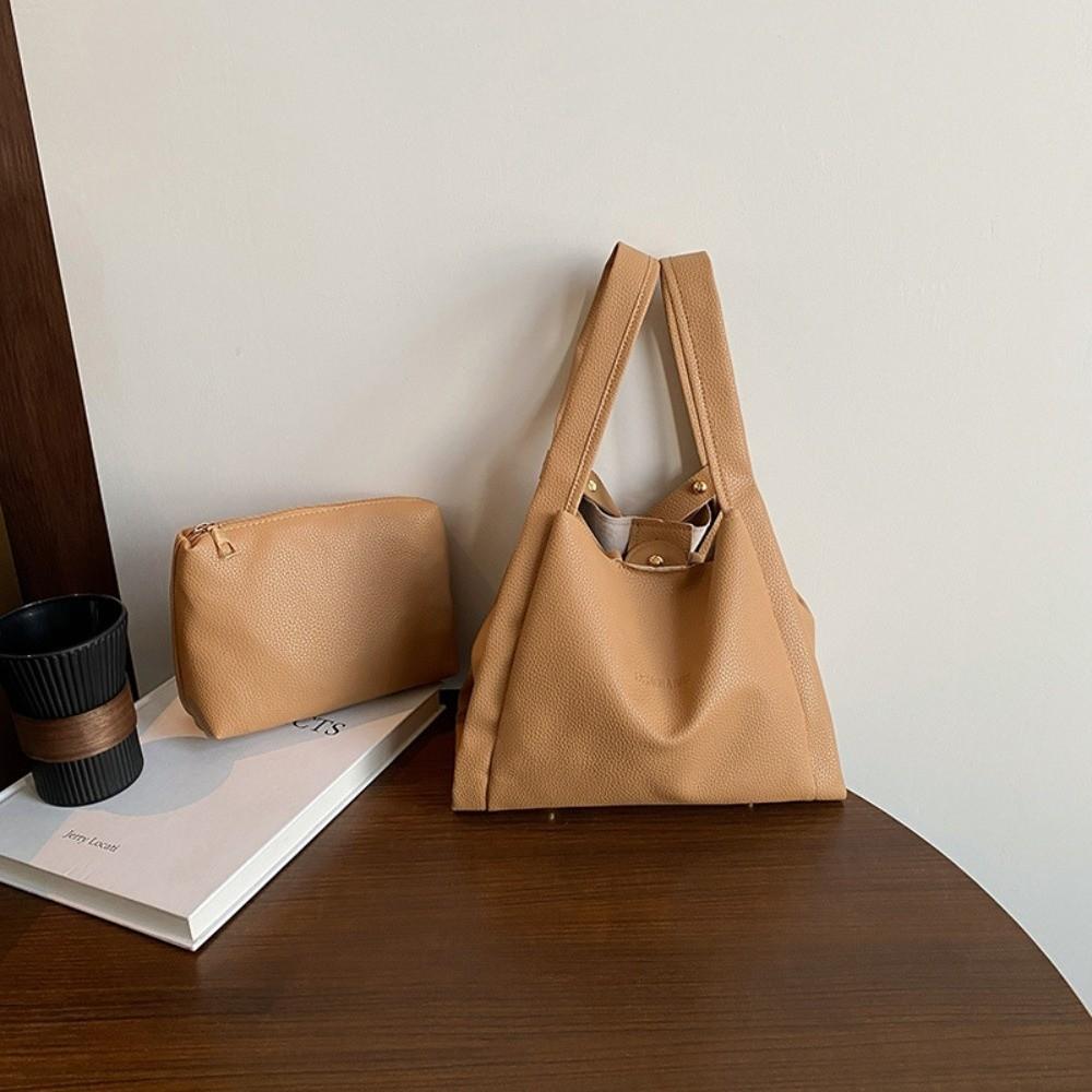 

2pcs/set Pu Leather Bucket Handbags Solid color Underarm Bag Casual Single Shoulder Bag Commuting Style 2