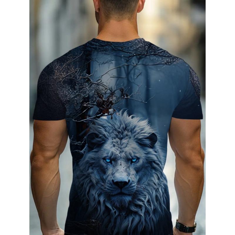 3D Snow Lion Head Printed T-Shirt for Men Cool Blue Eyes Wild Animal Graphic Short Sleeve Tees Trendy Casual Round Neck Winter Forest Streetwear Tops