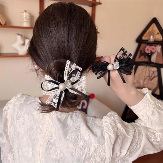 Hair Rope High Elasticity Lace Ribbon Bow Imitation Pearls Rhinestones Decor Hair Tie