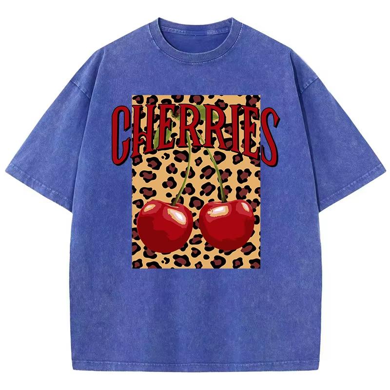 Cherry Perfection Washed T Shirt Women Cotton Leopard Prints Oversize Tops Vintage Black O-Neck T-Shirts Summer Woman Clothes