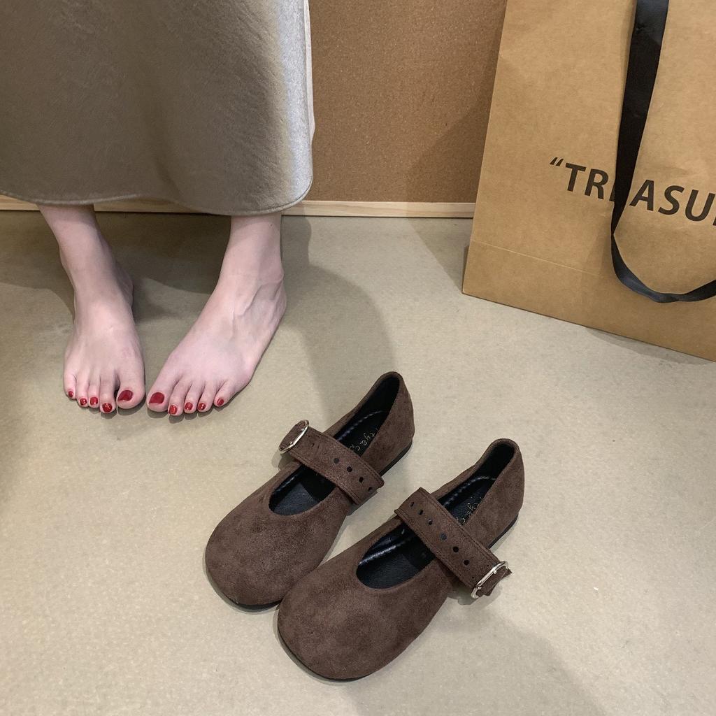 Korean version of round head suede one-word strap single shoes women's 2025 new autumn covered ancient leopard print velvet Mary Jane small le