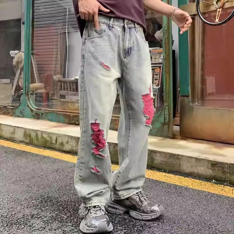 European and American high street vibe pants men and women design sense rough edge ripped beggar jeans straight loose wide leg trousers