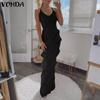 VONDA Women Sling Sleeveless Front Ruffled Thin Bodycon Long Party Dress
