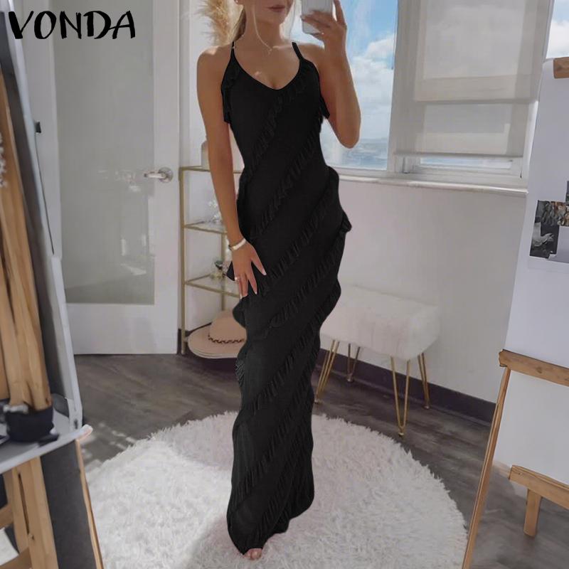 VONDA Women Sling Sleeveless Front Ruffled Thin Bodycon Long Party Dress