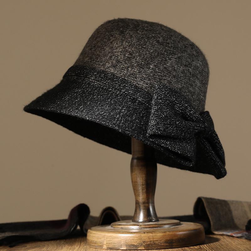 Middle and Old Ladies Hat Outdoor Warm Knitted Wool Basin Hat Bow Fashion Bucket Hat Short Brim Top Hat