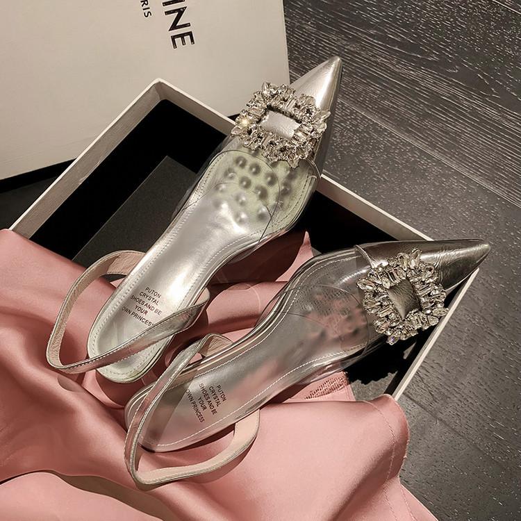 

Summer 2025 new women s fashion rhinestone pointed middle and rear thin heel high heel transparent glass glue women s sandals 39 розовый