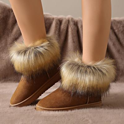 Modische pelzige Damenschuhe 2024 Retro runde Zehenpartie Damenstiefel Winter Plüsch Warm Braun Kurze Stiefel Leicht Rutschfest Damen Schneestiefel