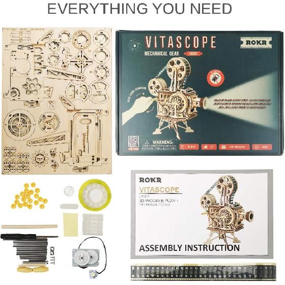 ROKR 3D Wooden Puzzle for Adults-Vitascope Model Building Kit-Wooden Vintage Projector Craft for Adults