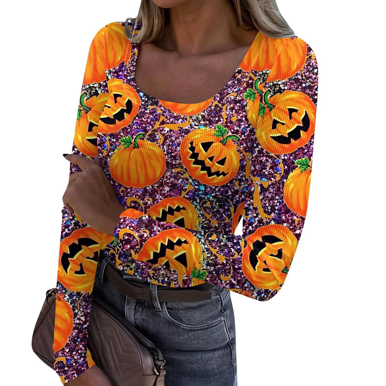 

Женская мода Slim Bottom Casual с длинным рукавом Halloween Printed Pullover U Neck Top XXXL оранжевый