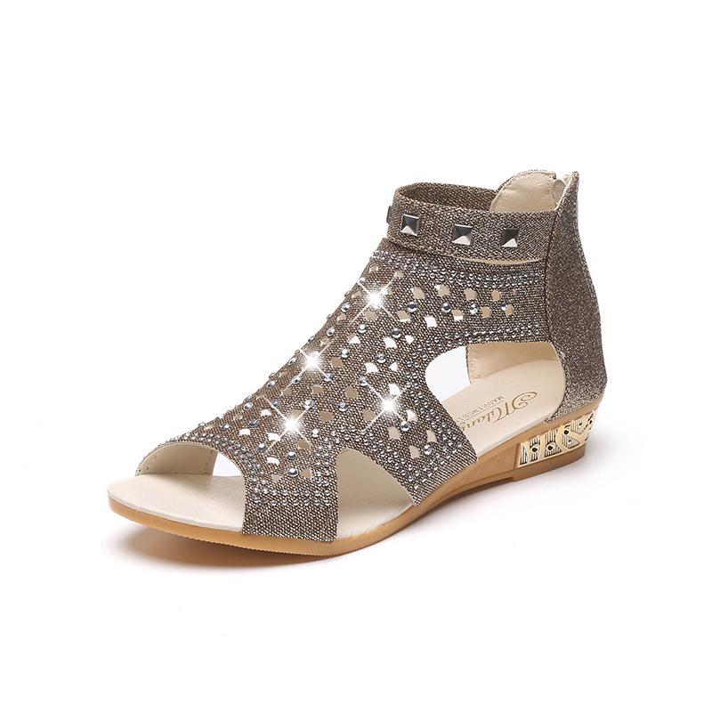 Women Sandals Ladies Wedges Sandals Crystal Fish Mouth Hollow Roma Summer Shoes Fashion Casual Non-Slip Bordered Bling Footweary