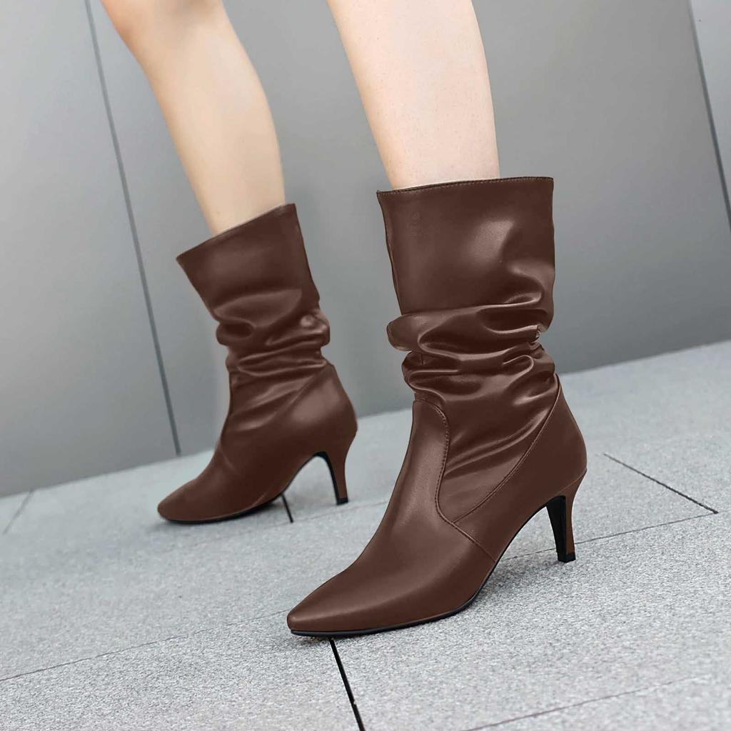 Chic Boots 2026 Womens Slouchy Mid Calf Boots Stiletto High Heel Leather Booties Pointed Toe Pull On Fall Winter Shoes For Women