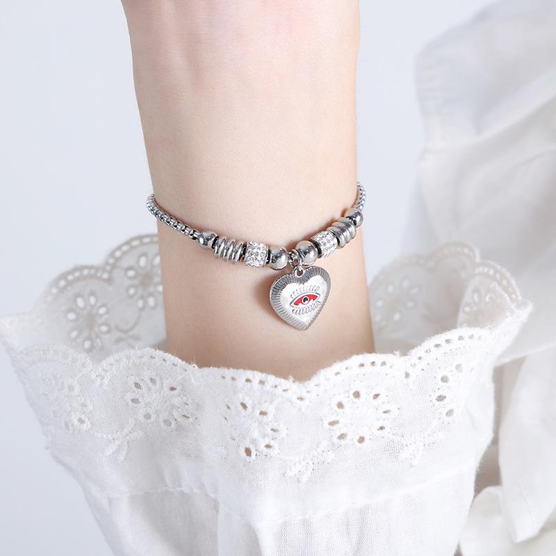 18K Gold Titanium Steel Heart Bracelet with Rhinestone Accents and Round Beads Pull-out Clasp for Women
