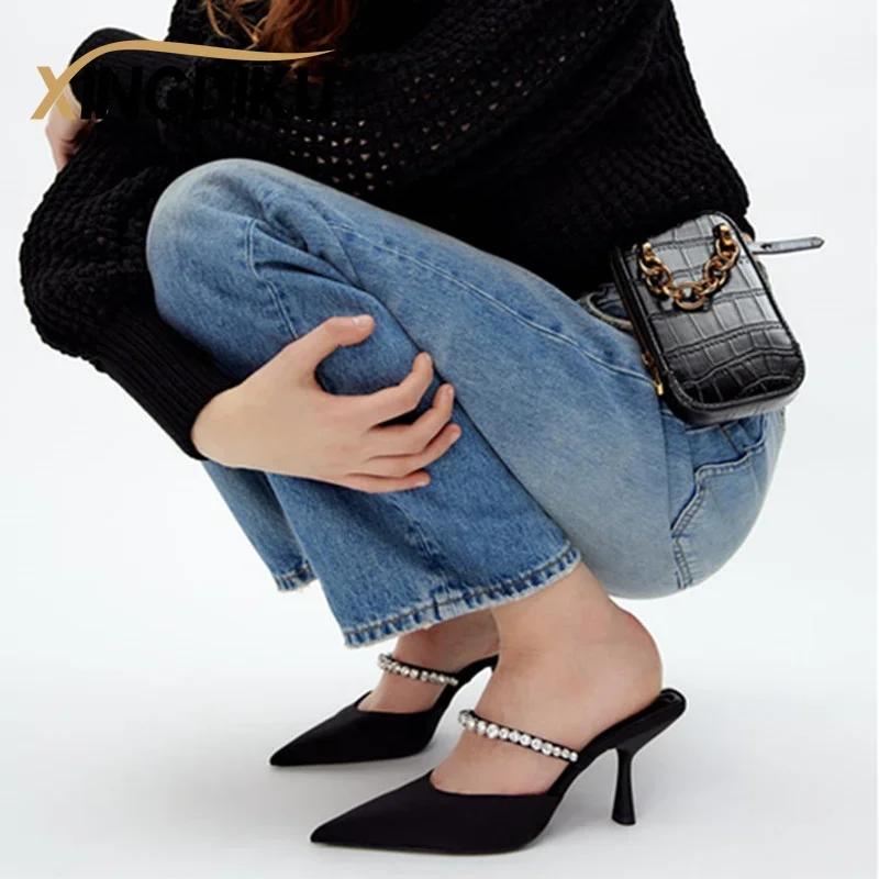 Sandali con Tacco Alto Estate Nuovi Punta Appuntita Tacco a Spillo Nero Sexy Sandali da Donna Strass Paillettes Taglia Grande Pantofole scarpa donna