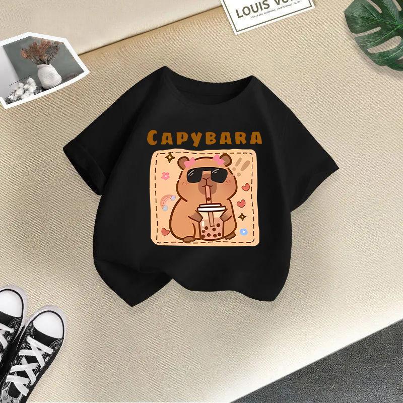 Kinder T-Shirt Capybara Aufdruck Kinder 100% Baumwolle Kleidung Oberteile 2-13J Locker geschnitten Lässig Rundhalsausschnitt Kurzarm T-Shirt