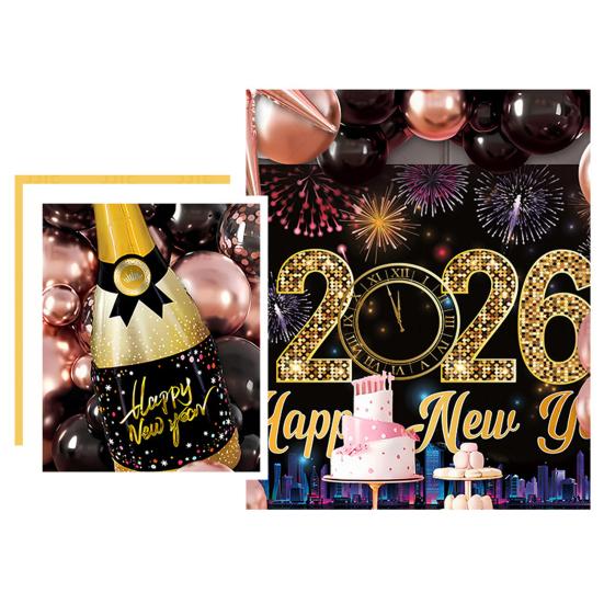 2026 New Year Decoration Black Gold Silver Latex Balloons Foil Letter Balloon Banner Set for New Years Eve Prom Party Supplies