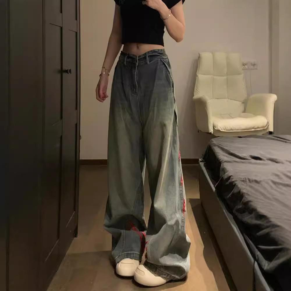 Unisex American Retro Striped Patchwork Jeans - Loose, Distressed, Wide-Leg Trendy Casual Pants