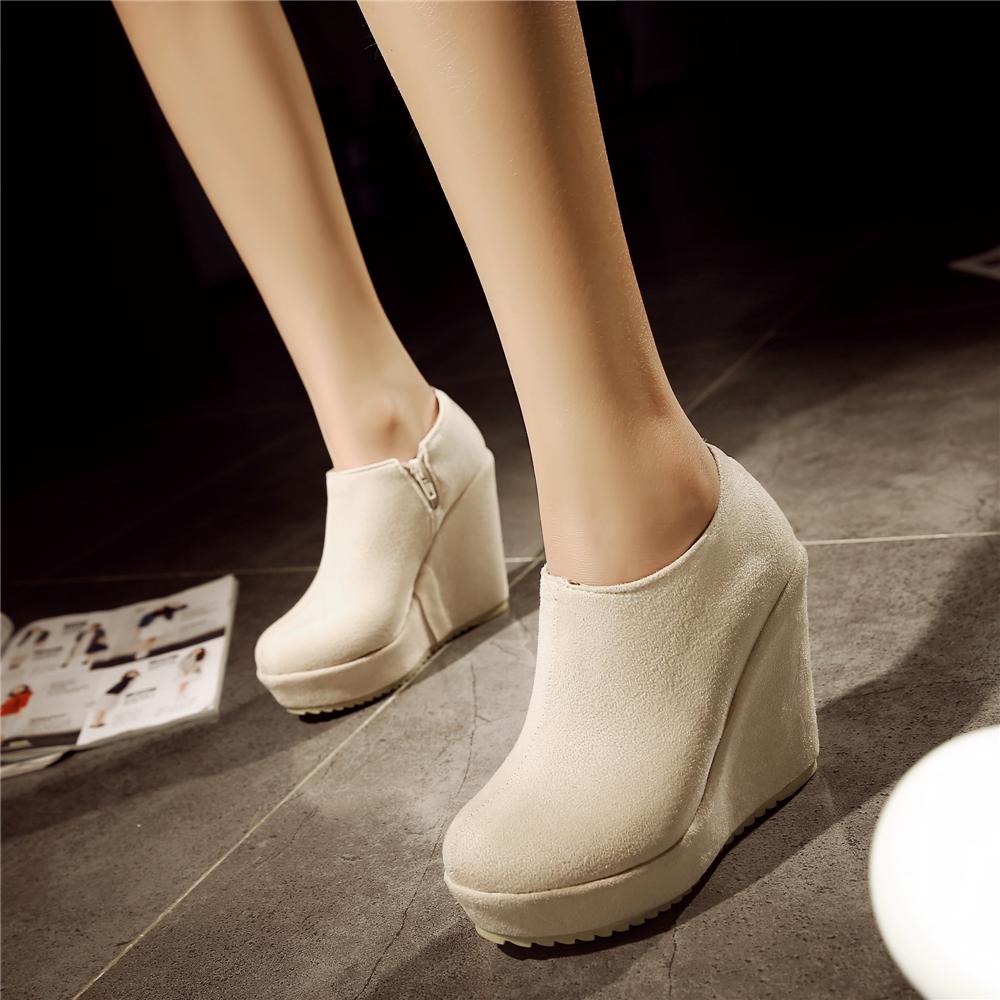 Fashion 2025 Autumn Winter New Stylish Women Ankle Boots Sexy Platform Round Toe Wedges Booties Ladies Boats Mujer Size 32-43 Black Beig