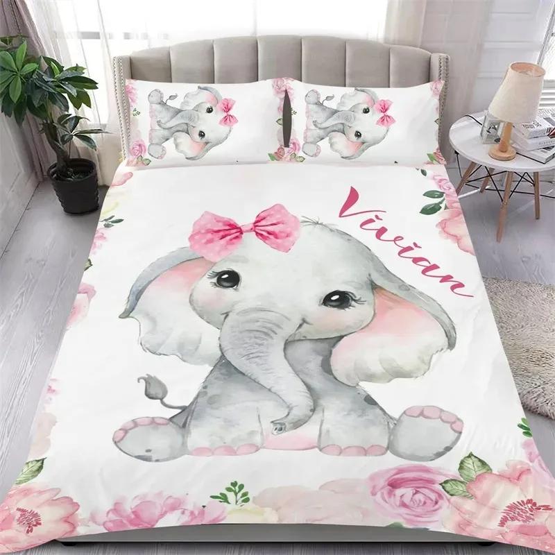 Elephant Duvet Cover Set for Girl Lovely Cartoon Animals Elephant with Butterfly and Bird Bedding Set Comforter Cover Queen Size