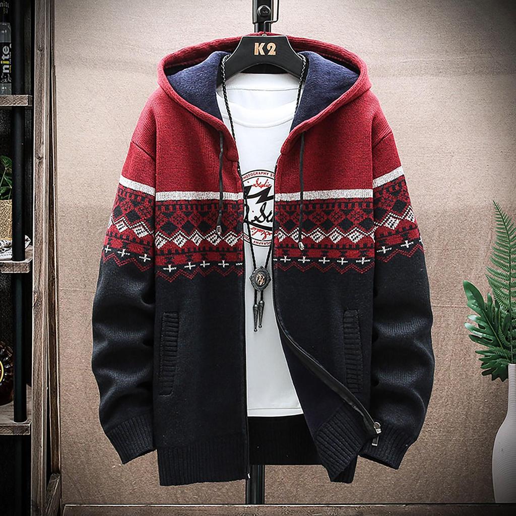 Autumn and Winter New Men's Casual Jacket Hooded Cardigan Knitted Thickened Plush Sweater Men