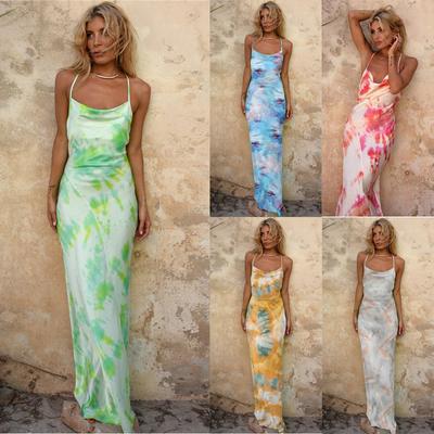 YD091 Tie-Dye Halter Neck Wrap Dress with Cross-Back Design for Women