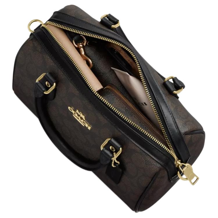 Coach Brown Signature Canvas Mini Rowan Duffle Bag with Leather Trim & Gold Hardware for Daily Use