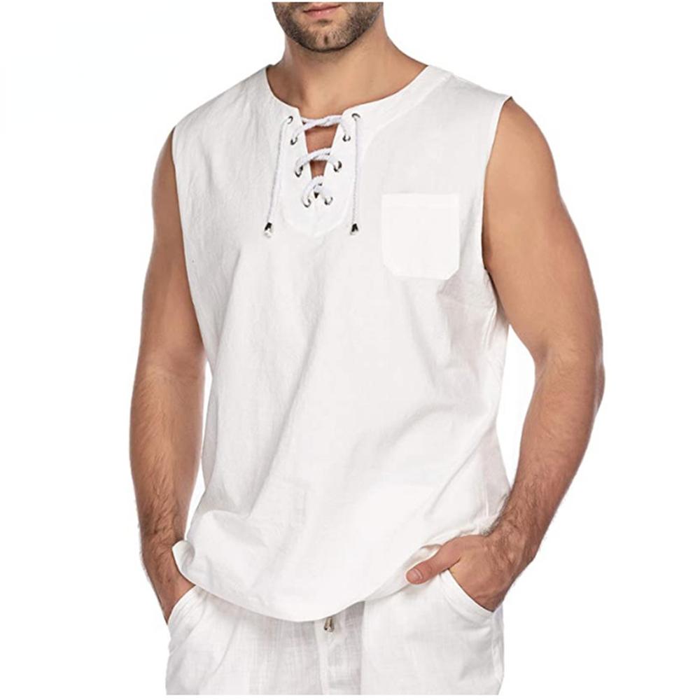 

Mens Summer Tank Tops Cotton Linen Vest Casual Sleeveless Tees Loose Lace Up O-Neck Tops Streetwear