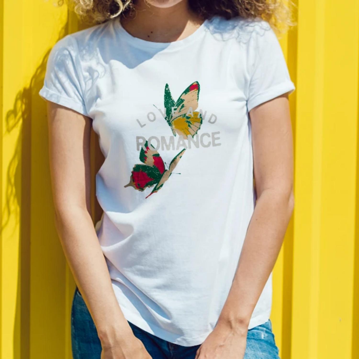 Women s round neck butterfly and letter print casual fashion spring and summer T-shirt fashion new darling S