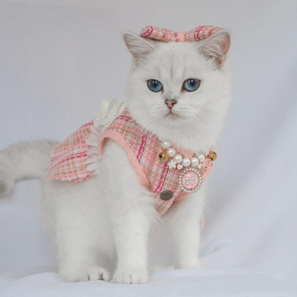 Cute Cat Bow Pearl Coat Soft Pet Windbreaker Fashion Puppy Plaid Dress  Kittens
