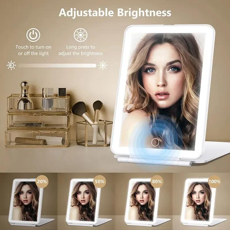 Portable Foldable Travel Makeup Mirror With Led Light Infinite Dimming Bedroom Vanity Mirrors Usb Rechargeable Make Up Tools