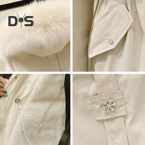 Winter Women Jacket Furry Hood Thickened Plush Long Sleeves Elastic Waist Pockets Zipper Closure Coat Mid Length Windproof Warm Overcoat