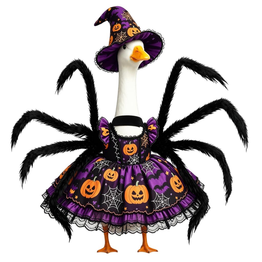 Miniature Desktop Goose Figurine Wearing Halloween Spider Costume with Dress and Hat for Seasonal Decoration or Collectible Display